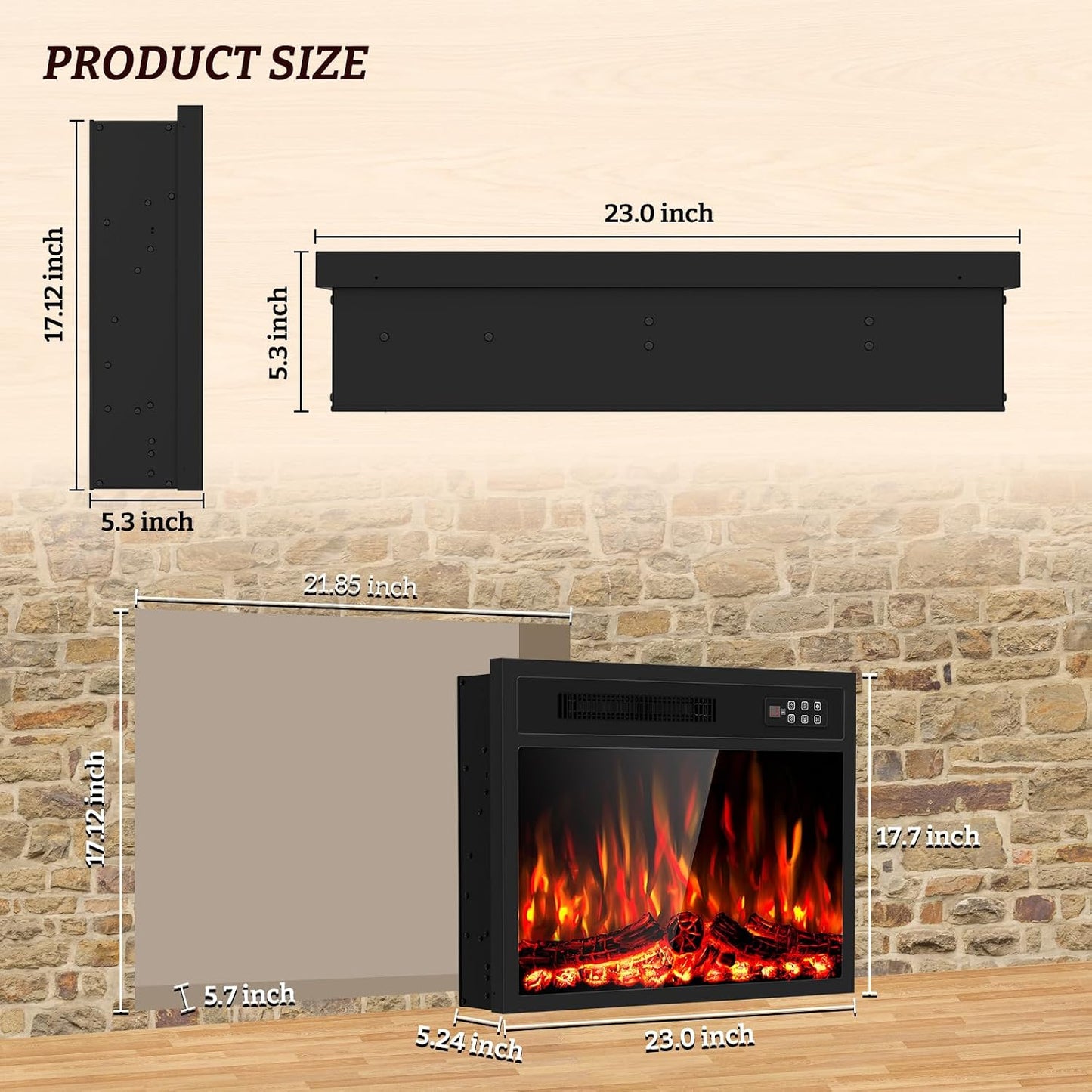23 Inch Electric Fireplace-Recessed & Wall Mounted Linear Fireplace-750/1500W Heater W/Temperature Control, Log & Crystal Options, Adjustable Flame, Remote Control