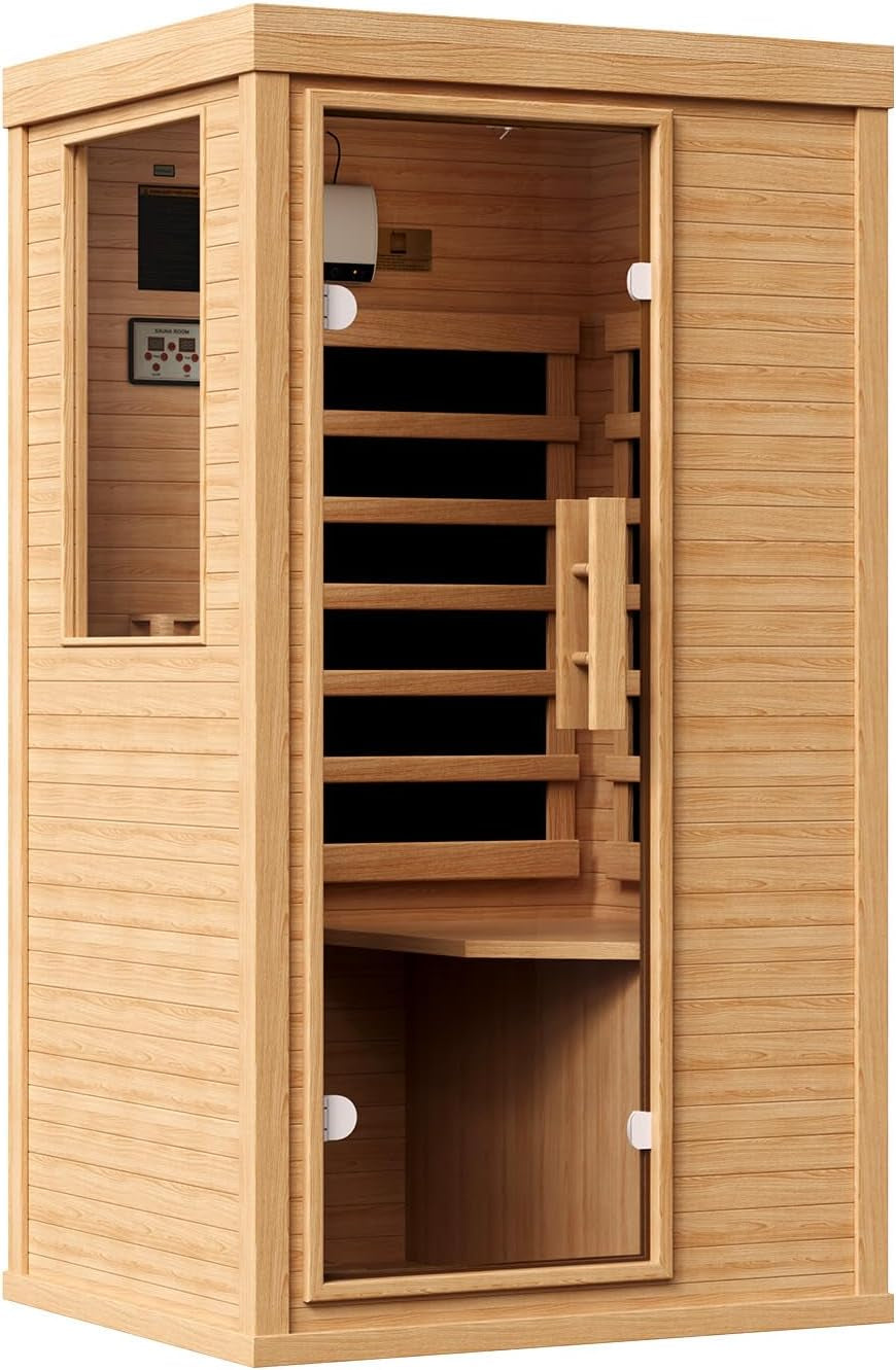 Wood Infrared Sauna, 1 Person Traditional Home Sauna | Canadian Hemlock Indoor Dry Sauna Spa Room for Low EMF with Bluetooth Speakers and Control Panel, 32.67"X 27.55"X 59.44"