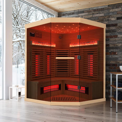 3-4 Person Corner Infrared Sauna- Luxury Home Sauna Spa Room with Himalayan Salt Therapy, Canadian Hemlock&Panoramic Tempered Glass,220V