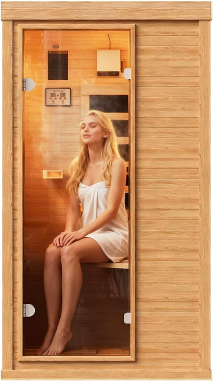 Wood Infrared Sauna, 1 Person Traditional Home Sauna | Canadian Hemlock Indoor Dry Sauna Spa Room for Low EMF with Bluetooth Speakers and Control Panel, 32.67"X 27.55"X 59.44"