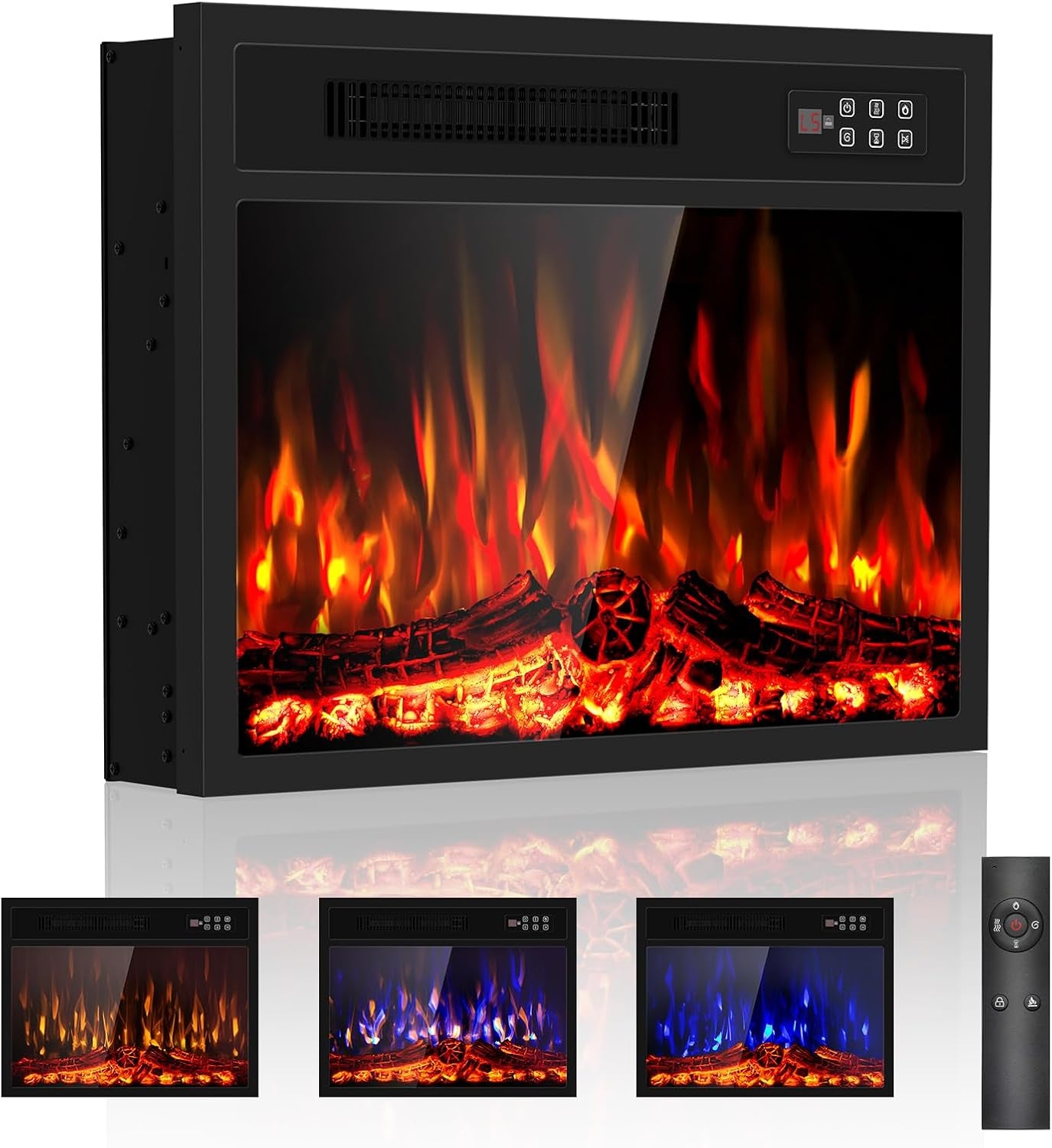 23 Inch Electric Fireplace-Recessed & Wall Mounted Linear Fireplace-750/1500W Heater W/Temperature Control, Log & Crystal Options, Adjustable Flame, Remote Control