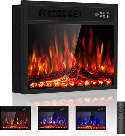 23 Inch Electric Fireplace-Recessed & Wall Mounted Linear Fireplace-750/1500W Heater W/Temperature Control, Log & Crystal Options, Adjustable Flame, Remote Control