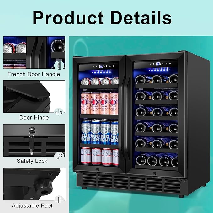 30 Inch Wine and Beverage Refrigerator, Upgrade Dual Zone Wine Cooler, 30'' Wine beverage Fridge Built in or Freestanding Under Counter Large Capacity Glass Door Advanced Cooling System,Black