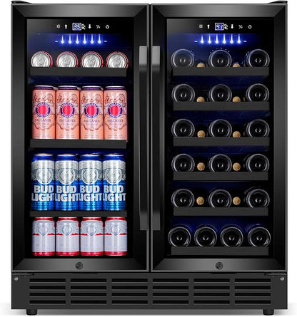 30 Inch Wine and Beverage Refrigerator, Upgrade Dual Zone Wine Cooler, 30'' Wine beverage Fridge Built in or Freestanding Under Counter Large Capacity Glass Door Advanced Cooling System,Black