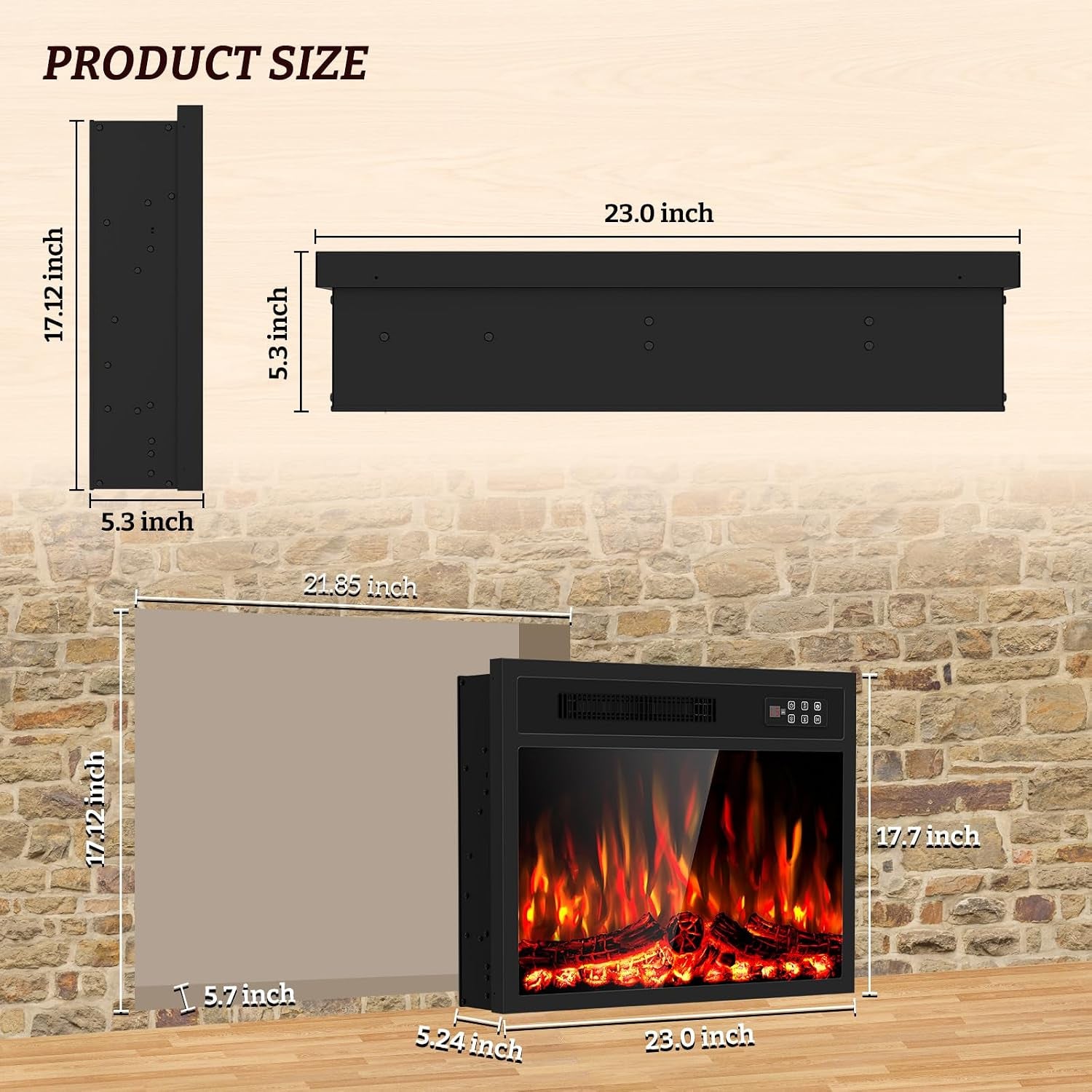 23 Inch Electric Fireplace-Recessed & Wall Mounted Linear Fireplace-750/1500W Heater W/Temperature Control, Log & Crystal Options, Adjustable Flame, Remote Control
