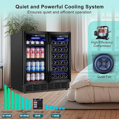 30 Inch Wine and Beverage Refrigerator, Upgrade Dual Zone Wine Cooler, 30'' Wine beverage Fridge Built in or Freestanding Under Counter Large Capacity Glass Door Advanced Cooling System,Black