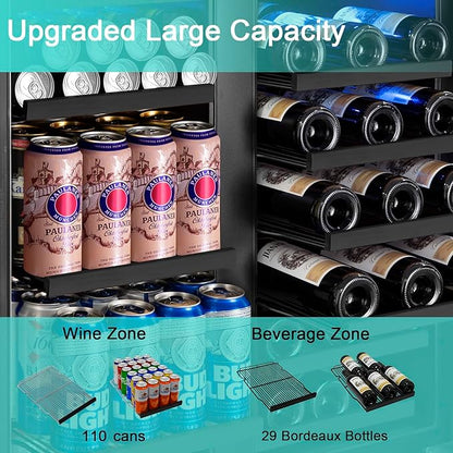 30 Inch Wine and Beverage Refrigerator, Upgrade Dual Zone Wine Cooler, 30'' Wine beverage Fridge Built in or Freestanding Under Counter Large Capacity Glass Door Advanced Cooling System,Black