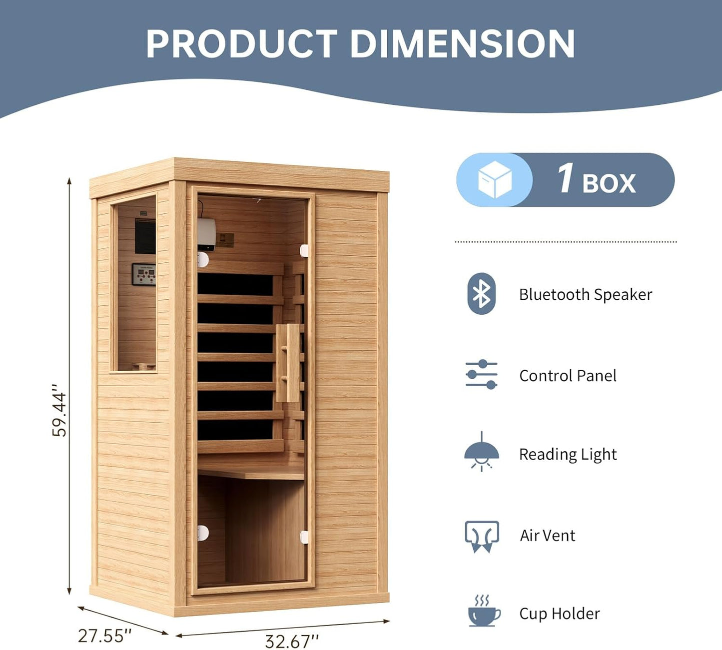 Wood Infrared Sauna, 1 Person Traditional Home Sauna | Canadian Hemlock Indoor Dry Sauna Spa Room for Low EMF with Bluetooth Speakers and Control Panel, 32.67"X 27.55"X 59.44"