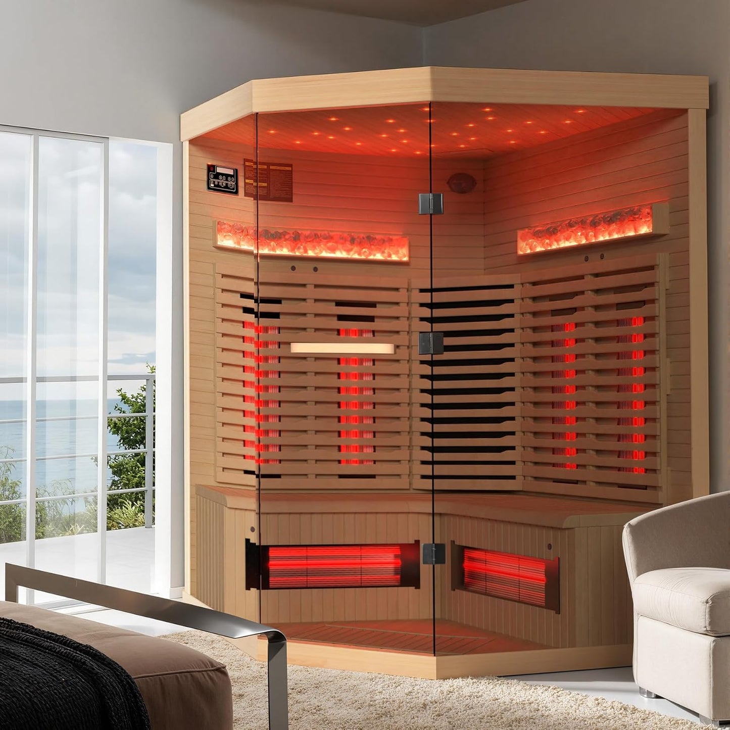 3-4 Person Corner Infrared Sauna- Luxury Home Sauna Spa Room with Himalayan Salt Therapy, Canadian Hemlock&Panoramic Tempered Glass,220V