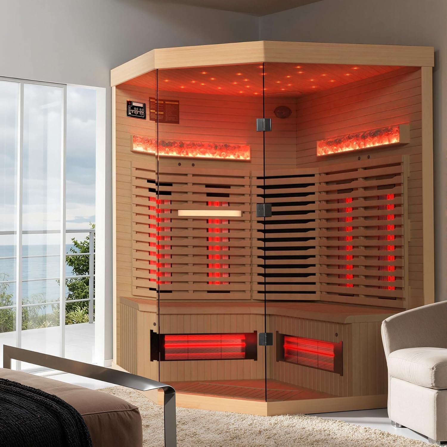 3-4 Person Corner Infrared Sauna- Luxury Home Sauna Spa Room with Himalayan Salt Therapy, Canadian Hemlock&Panoramic Tempered Glass,220V