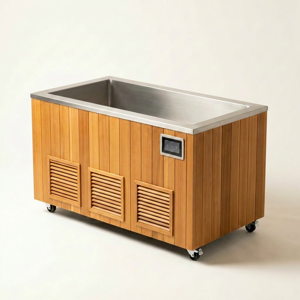 Cold Plunge Tub Built for Daily Recovery, 304 Stainless Steel Basin, Cedar Cabinet, Multi-Stage Filtration — Studio Shot