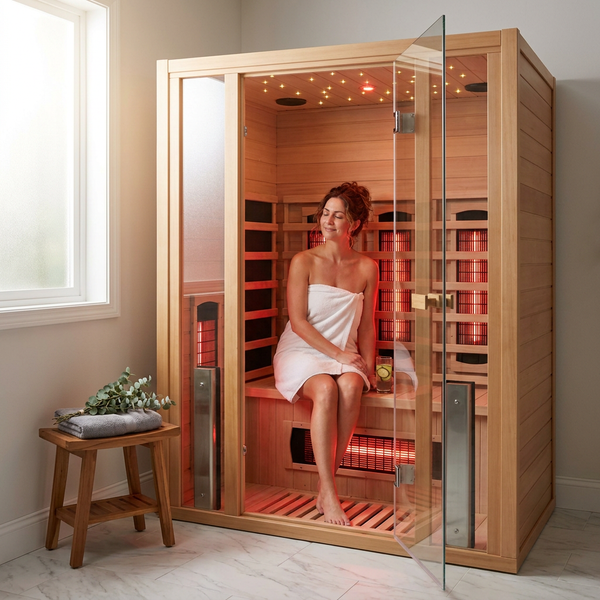 Infrared Sauna Cabin Built for Deep Relaxation, Nordic Spruce Construction, Multi-Panel Heating, Glass Door Entry
