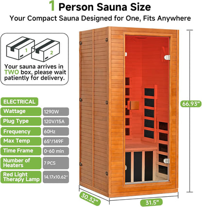 Infrared Sauna with 660 & 850Nm Red Light Therapy, Full Spectrum Sauna with 7 Heater, 1290W 120V, Fast Heat-Up, 1 Person Canadian Hemlock Wood Dry Sauna for Indoor, Home Gym, 31.5*30.3*67"