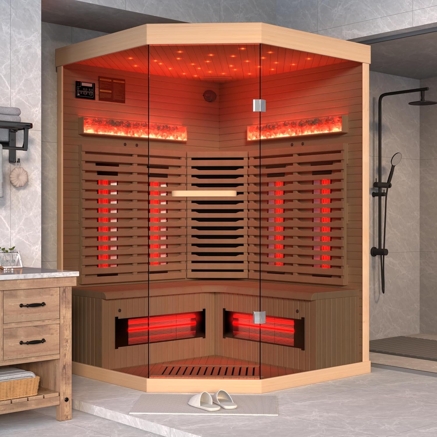 3-4 Person Corner Infrared Sauna- Luxury Home Sauna Spa Room with Himalayan Salt Therapy, Canadian Hemlock&Panoramic Tempered Glass,220V