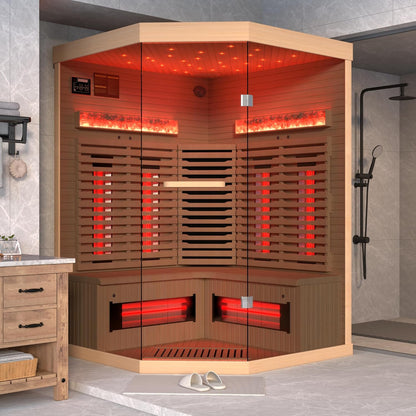 3-4 Person Corner Infrared Sauna- Luxury Home Sauna Spa Room with Himalayan Salt Therapy, Canadian Hemlock&Panoramic Tempered Glass,220V