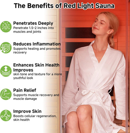 Infrared Sauna with 660 & 850Nm Red Light Therapy, Full Spectrum Sauna with 7 Heater, 1290W 120V, Fast Heat-Up, 1 Person Canadian Hemlock Wood Dry Sauna for Indoor, Home Gym, 31.5*30.3*67"