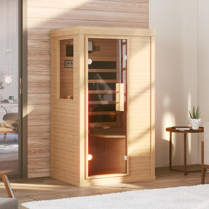 Wood Infrared Sauna, 1 Person Traditional Home Sauna | Canadian Hemlock Indoor Dry Sauna Spa Room for Low EMF with Bluetooth Speakers and Control Panel, 32.67"X 27.55"X 59.44"