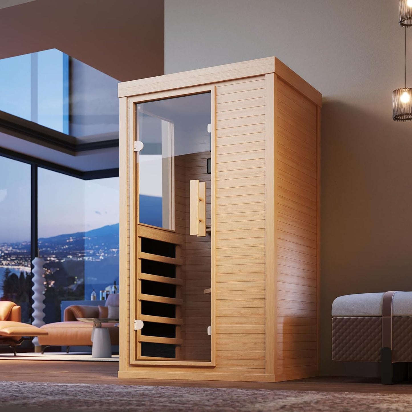 Wood Infrared Sauna, 1 Person Traditional Home Sauna | Canadian Hemlock Indoor Dry Sauna Spa Room for Low EMF with Bluetooth Speakers and Control Panel, 32.67"X 27.55"X 59.44"