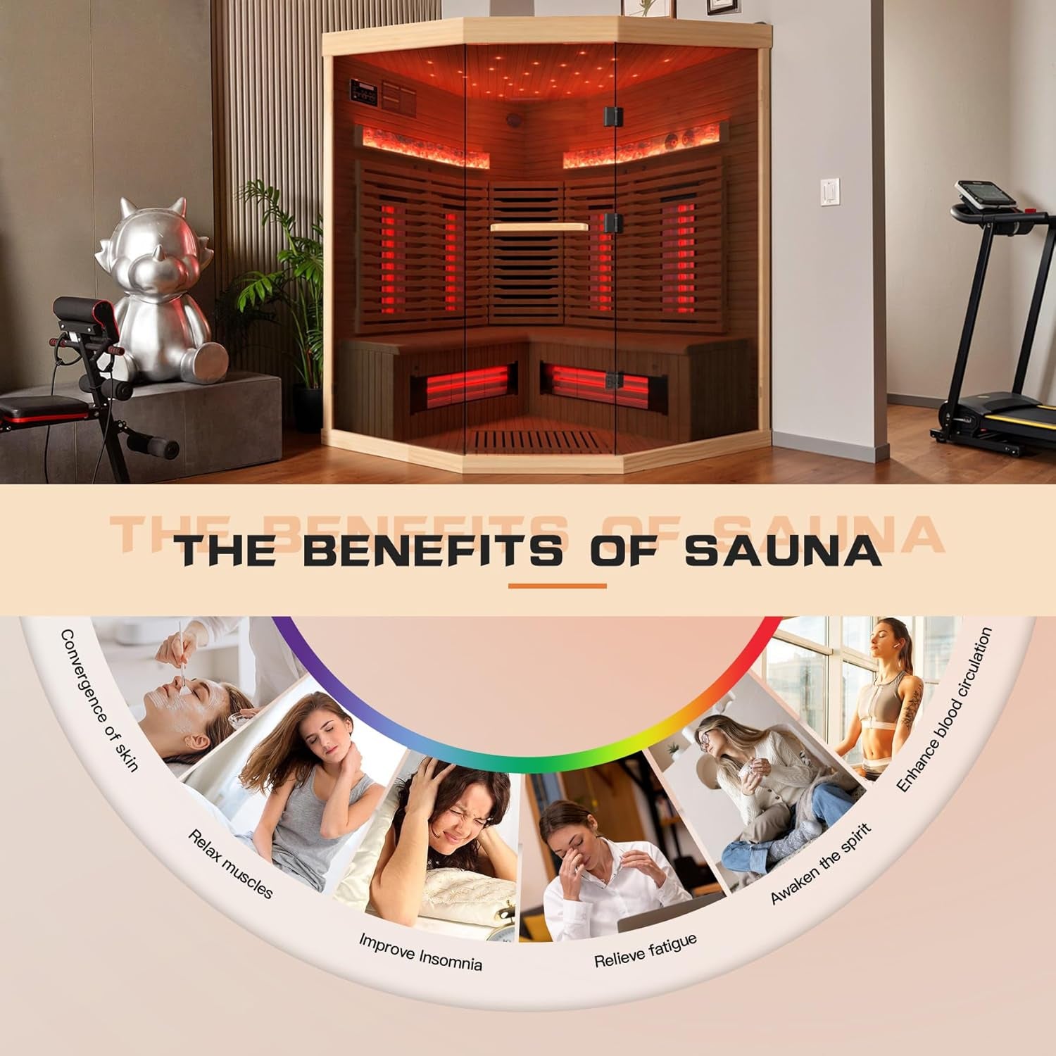 3-4 Person Corner Infrared Sauna- Luxury Home Sauna Spa Room with Himalayan Salt Therapy, Canadian Hemlock&Panoramic Tempered Glass,220V