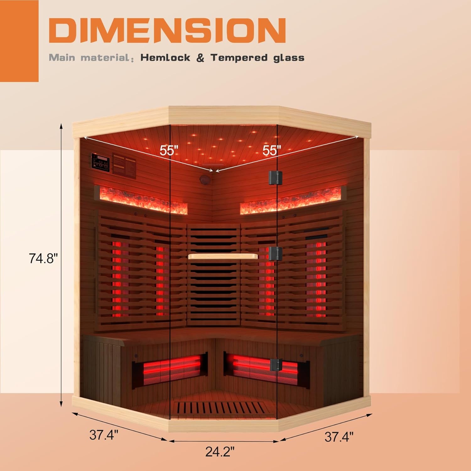 3-4 Person Corner Infrared Sauna- Luxury Home Sauna Spa Room with Himalayan Salt Therapy, Canadian Hemlock&Panoramic Tempered Glass,220V